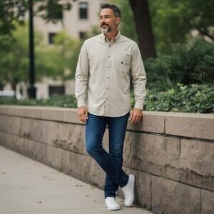 Walt Disney World Shirt Mens XL Tan Long Sleeve Button Up Mickey Crest Cotton